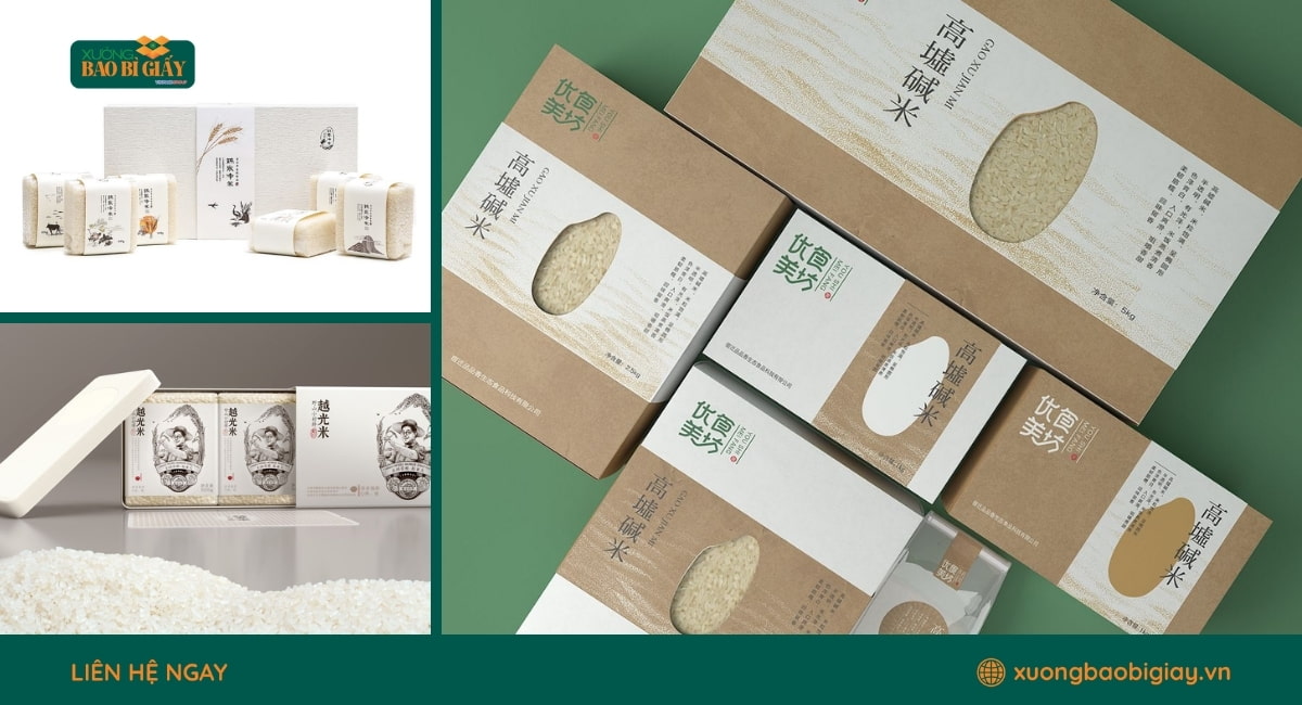 Hộp giấy đựng gạo sử dụng chất liệu giấy Ivory bền đẹp, in sắc nét