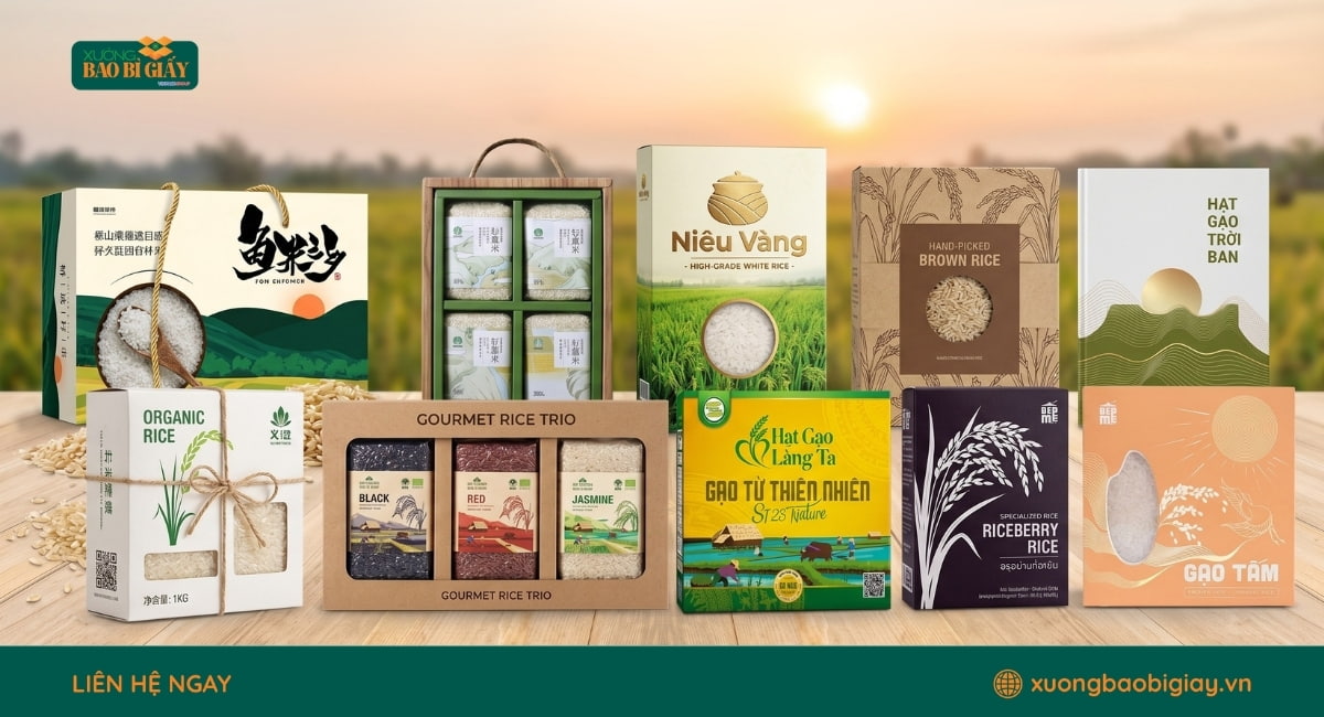 Mẫu hộp giấy đựng gạo có quai xách tiện lợi, dễ dàng vận chuyển