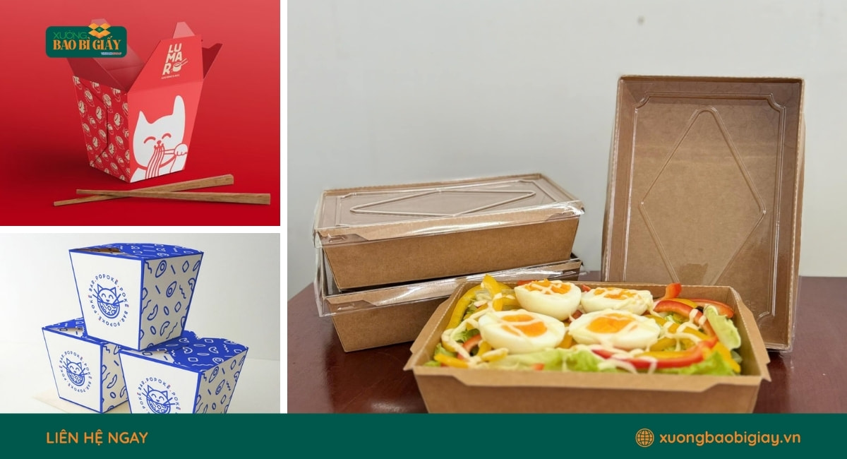 Mẫu hộp giấy đựng mì trộn đẹp mắt giúp nâng cao trải nghiệm khách hàng và giá trị thương hiệu.