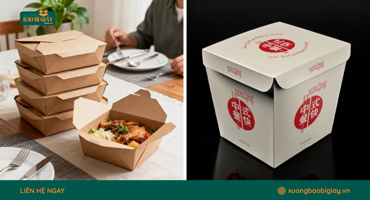 Bao bì hộp giấy đựng mì trộn được thiết kế chắc chắn giúp hạn chế rò rỉ nước sốt.