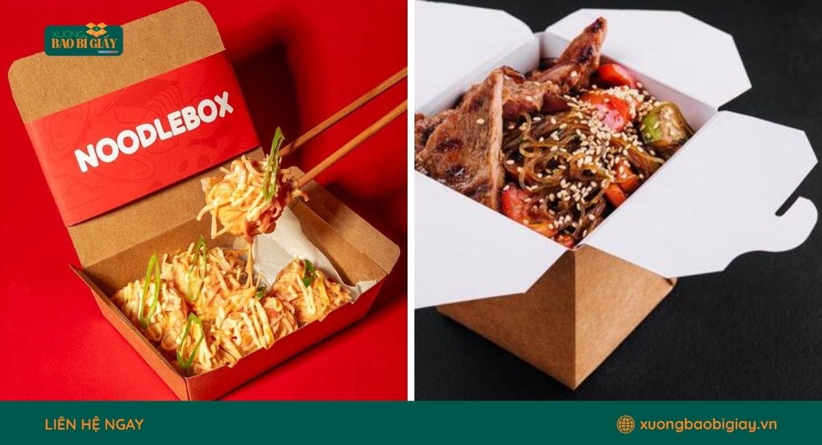 Hộp giấy đựng mì trộn sử dụng chất liệu giấy kraft an toàn thực phẩm, phù hợp cho ngành F&B.