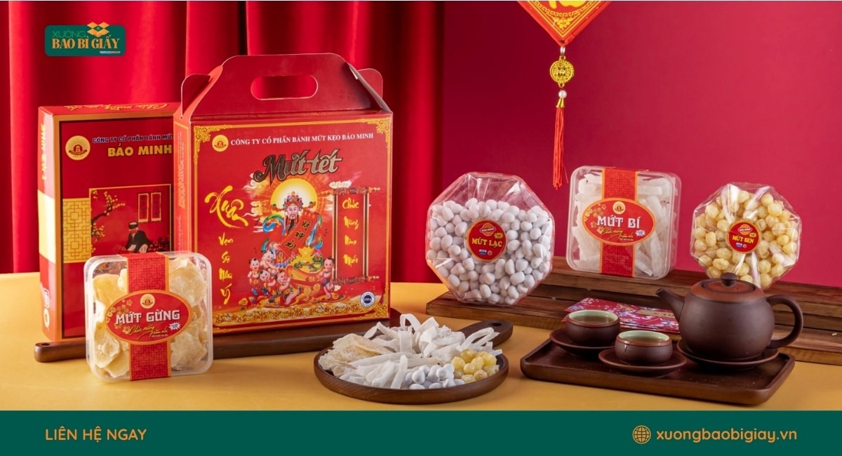 Xưởng Bao Bì Giấy nhận sản xuất hộp giấy đựng mứt tết số lượng lớn với giá tận xưởng.
