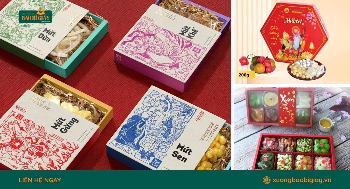 Hộp giấy đựng mứt tết với màu sắc nổi bật, tạo điểm nhấn cho mùa lễ hội.