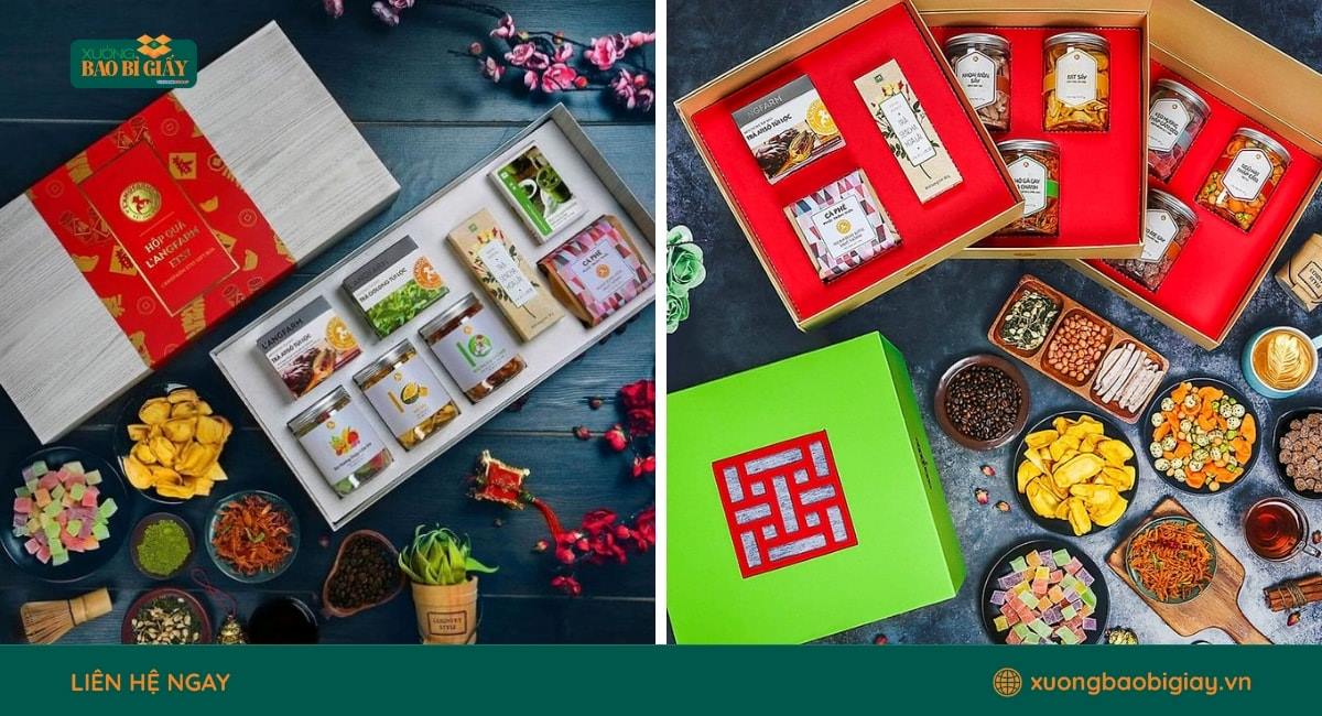 Mẫu hộp giấy đựng mứt tết được thiết kế riêng theo yêu cầu của doanh nghiệp.