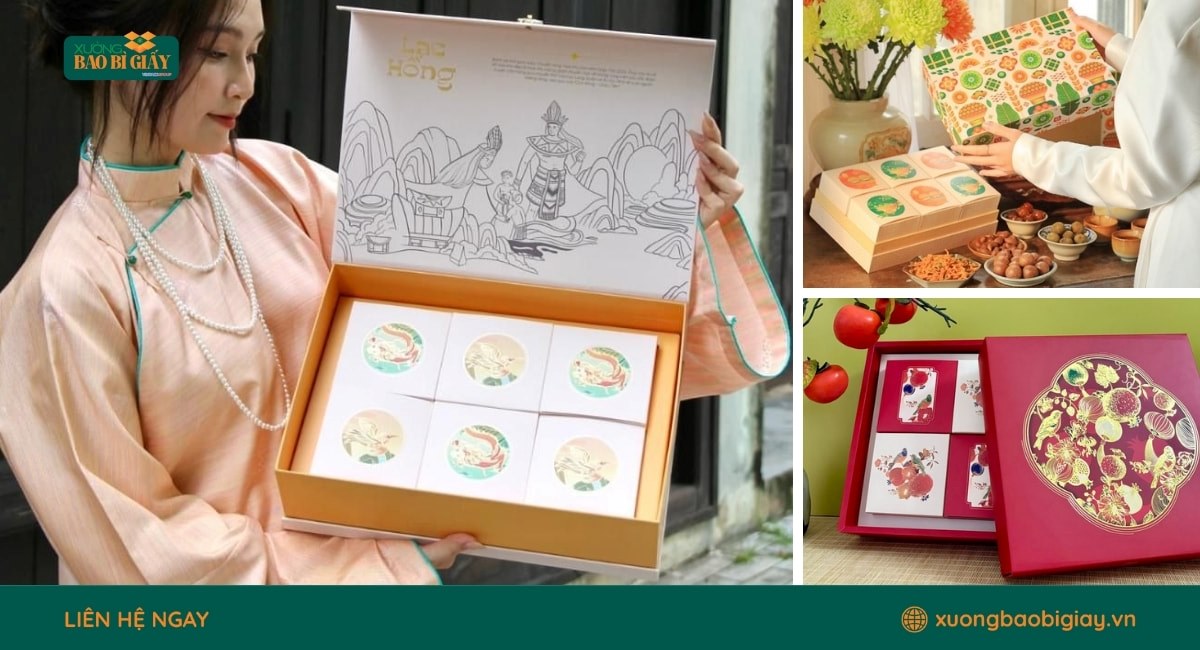 Mẫu hộp giấy đựng mứt tết nhiều ngăn tiện lợi cho các loại mứt truyền thống ngày Tết.