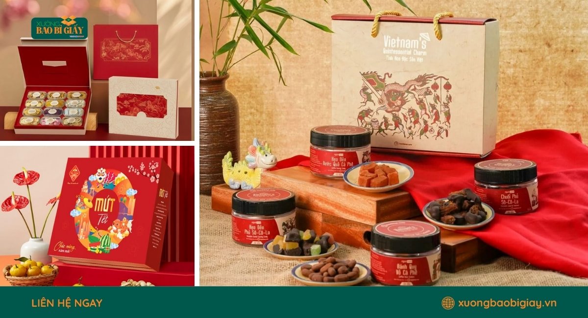 Mẫu hộp giấy đựng mứt tết cao cấp được sản xuất tại Xưởng Bao Bì Giấy với thiết kế sang trọng, phù hợp làm quà biếu dịp xuân.
