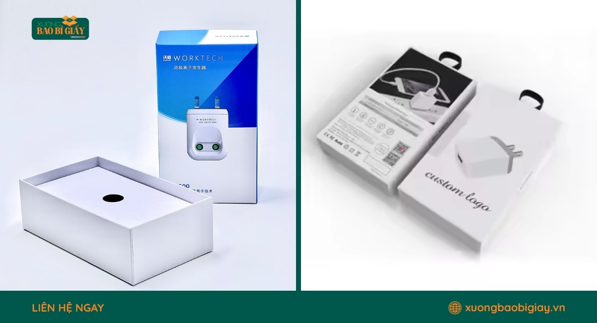 Thiết kế hộp giấy đựng phụ kiện điện thoại theo bộ nhận diện riêng của doanh nghiệp.
