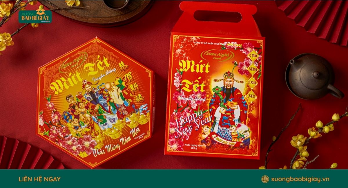 Hộp giấy đựng mứt tết thiết kế hiện đại giúp nâng tầm giá trị quà tặng doanh nghiệp.