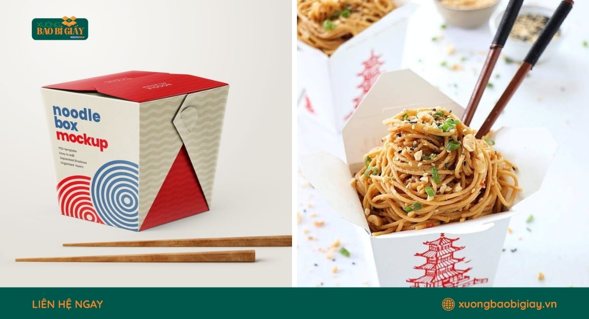 Mẫu hộp giấy đựng mì trộn được sản xuất tại Xưởng Bao Bì Giấy với thiết kế tiện lợi cho dịch vụ mang đi.