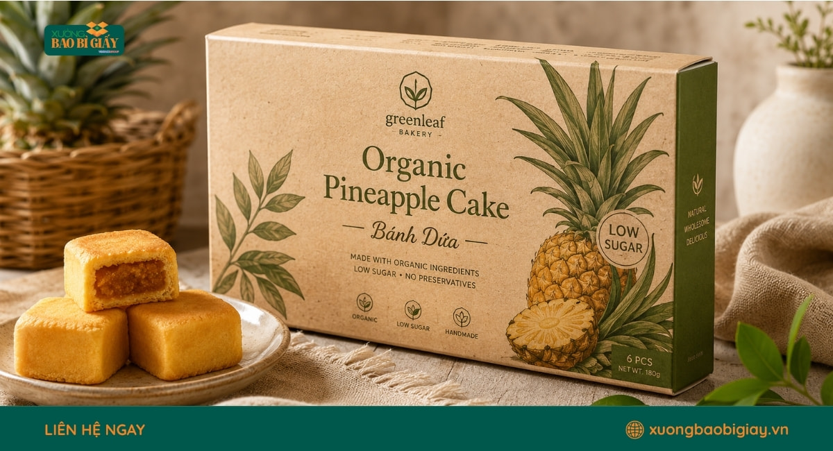 Vỏ hộp giấy đựng bánh dứa organic bằng giấy kraft nâu