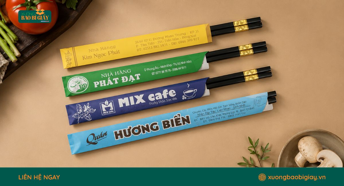 Bao giấy đựng đũa in theo yêu cầu giúp định vị thương hiệu và tạo sự đồng bộ trong hệ thống nhận diện.