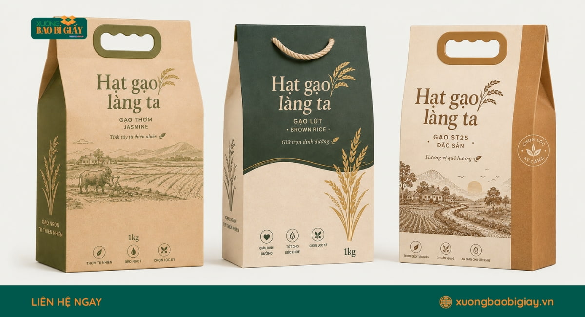 Các loại túi giấy đựng gạo với nhiều kiểu dáng, chất liệu và kích thước phù hợp cho doanh nghiệp.