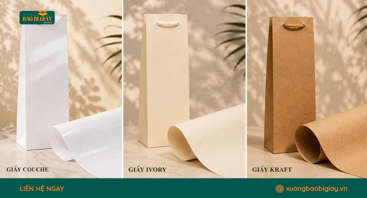 Chất liệu giấy Kraft và Ivory bền đẹp được sử dụng để sản xuất túi giấy đựng dù cao cấp.