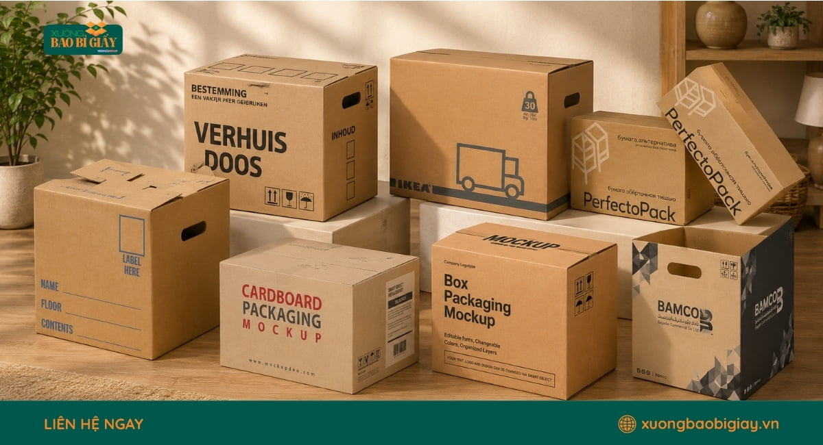 Dịch vụ in thùng carton 5 lớp theo yêu cầu, hỗ trợ thiết kế logo, thông tin thương hiệu và quy cách phù hợp từng sản phẩm.