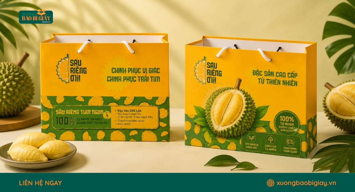 In túi giấy đựng sầu riêng theo yêu cầu với thiết kế đẹp, chất liệu bền và in logo sắc nét.