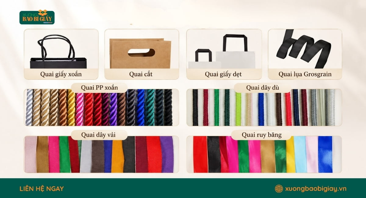 Những kiểu quai túi giấy đựng túi xách được sử dụng nhiều như quai giấy xoắn, quai cotton và quai ruy băng.