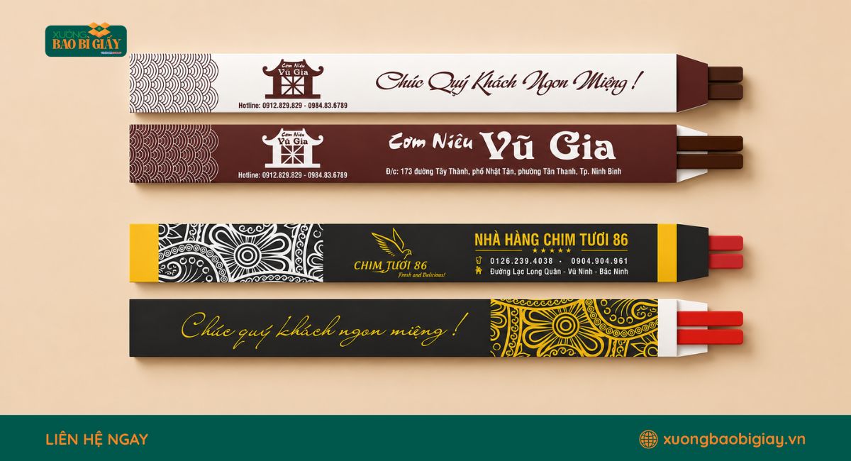 Túi giấy đựng đũa giúp bảo vệ dụng cụ ăn uống khỏi bụi bẩn, đồng thời nâng cao hình ảnh chuyên nghiệp của doanh nghiệp.