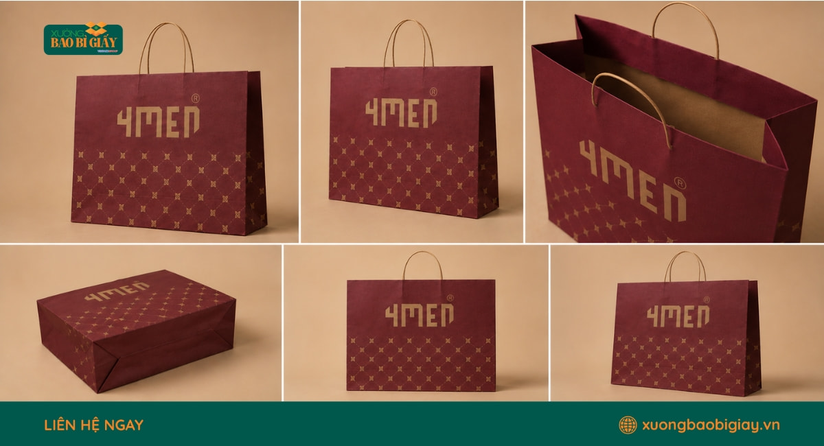 Thành phẩm túi giấy Kraft 4MEN màu đỏ Tết sang trọng