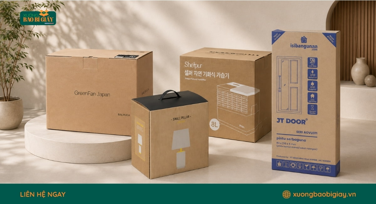 Mẫu thùng carton 7 lớp in ấn sắc nét, thể hiện rõ logo, thông tin thương hiệu và hướng dẫn bảo quản hàng hóa.