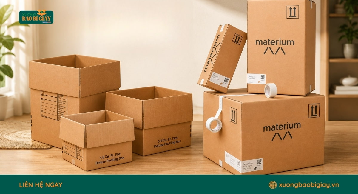 Thùng carton 7 lớp thiết kế theo yêu cầu, tùy chỉnh kiểu dáng, kết cấu và nội dung in phù hợp từng ngành hàng.