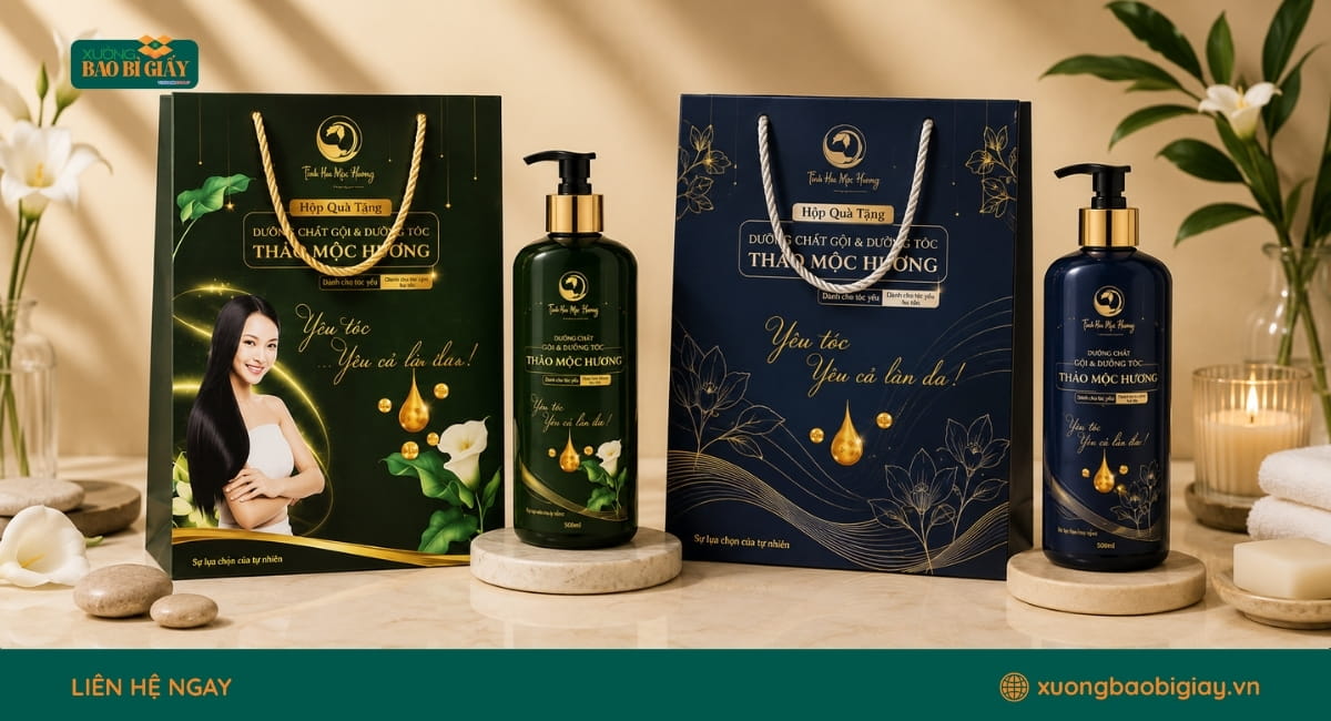 Túi đựng dầu gội thiết kế riêng theo kích thước chai và bộ nhận diện của khách hàng