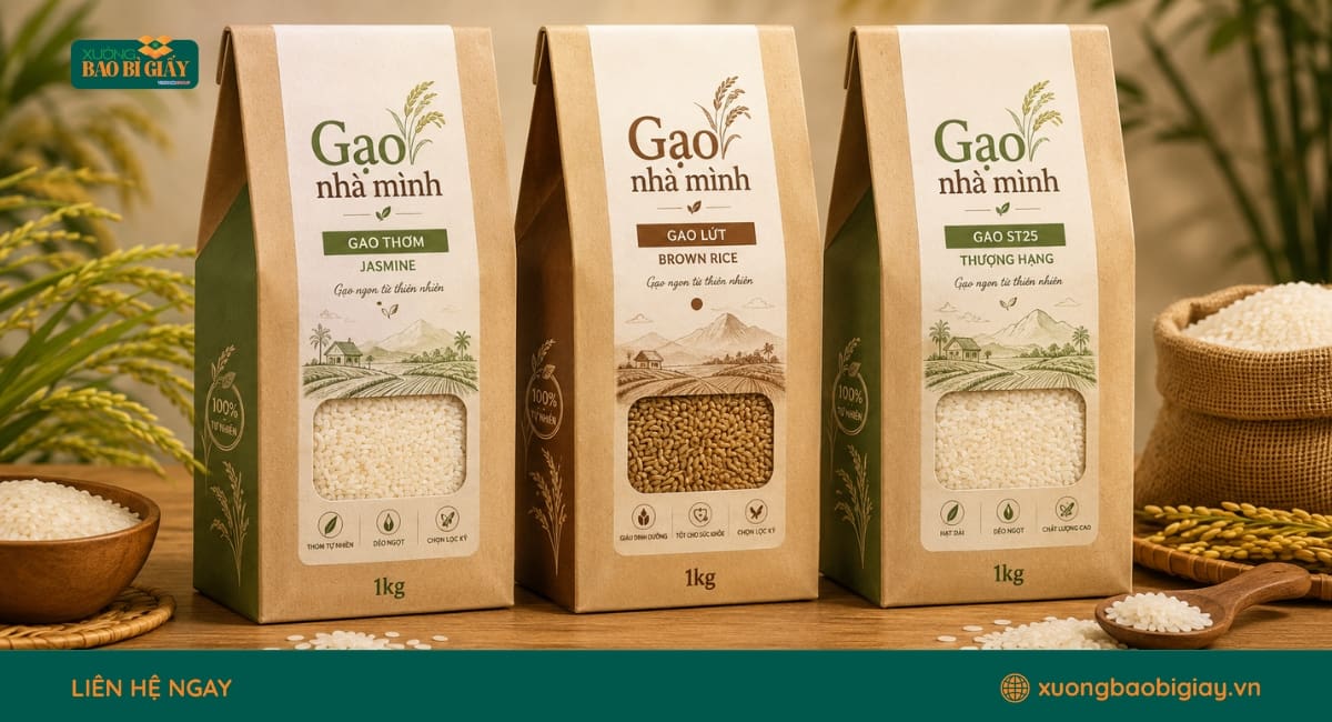Túi đựng gạo bằng giấy giúp bảo quản gạo sạch, giữ hương thơm tự nhiên và nâng cao giá trị sản phẩm.