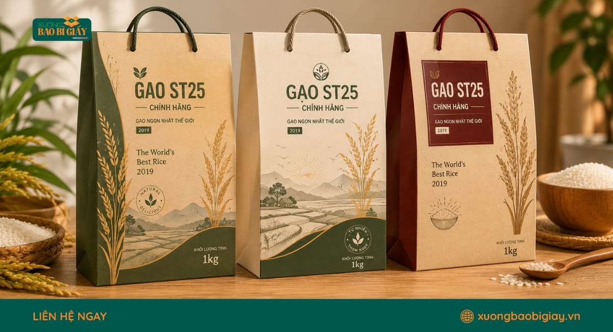 In túi giấy đựng gạo với nhiều mẫu mã đẹp, hỗ trợ xây dựng hình ảnh thương hiệu chuyên nghiệp.