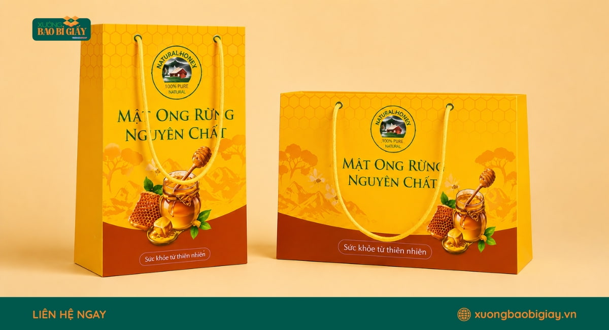Túi giấy đựng mật ong với thiết kế hiện đại, đón đầu xu hướng bao bì thân thiện môi trường.