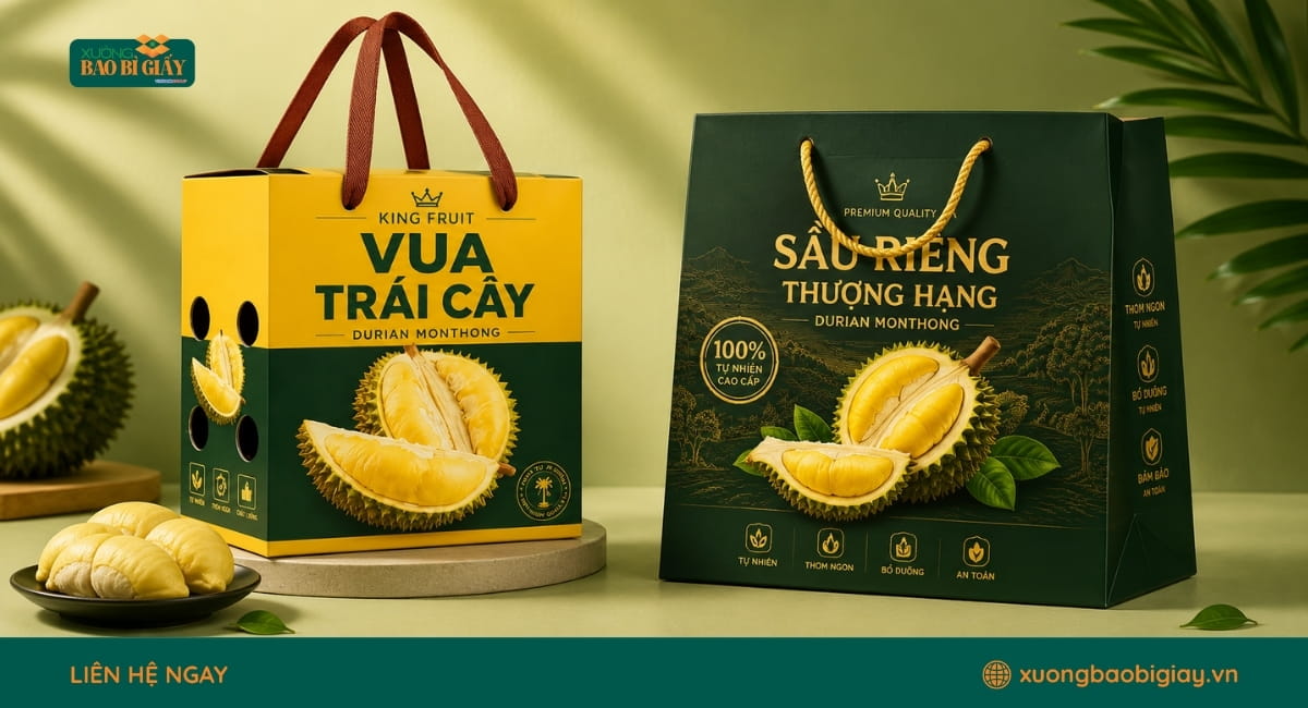 Túi giấy đựng sầu riêng thiết kế riêng theo nhận diện thương hiệu, tạo dấu ấn chuyên nghiệp.