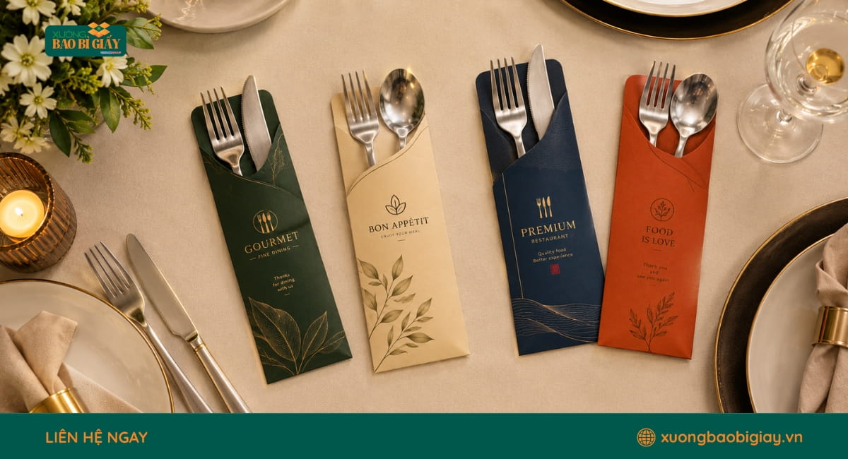 Mẫu túi giấy đựng dao nĩa cao cấp dành cho nhà hàng, quán cà phê và chuỗi F&B chuyên nghiệp.