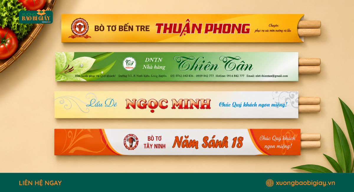 Túi giấy đựng đũa dành cho nhà hàng cao cấp với thiết kế sang trọng, chỉn chu và đồng bộ nhận diện thương hiệu.