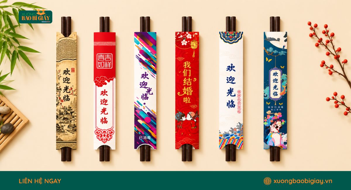 Mẫu túi giấy đựng đũa sang trọng, đẳng cấp giúp tạo điểm nhấn cho không gian phục vụ và nâng cao hình ảnh doanh nghiệp.