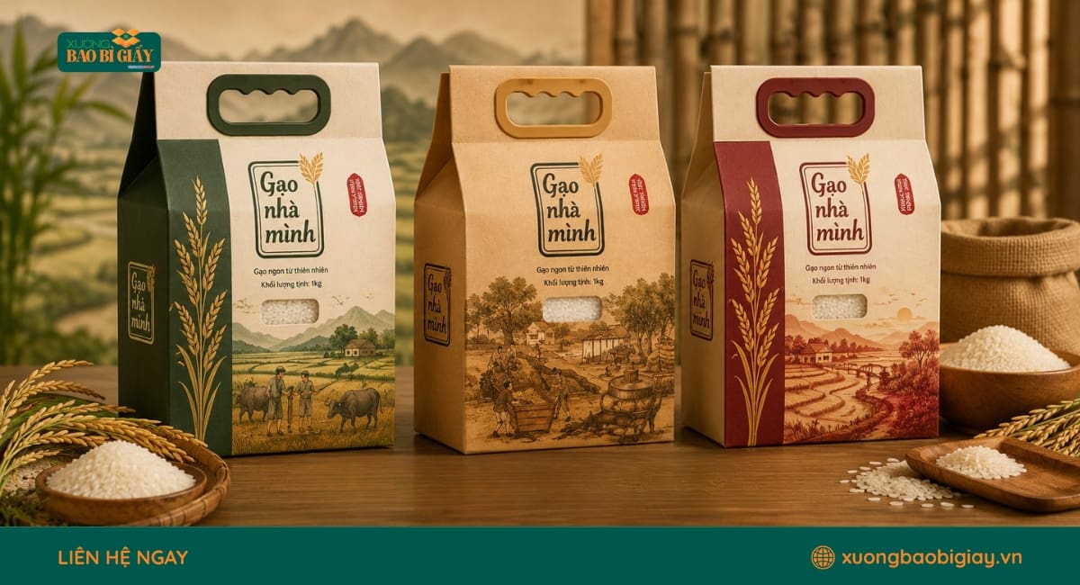 Gia công túi giấy đựng gạo theo yêu cầu về kích thước, chất liệu và nhận diện thương hiệu.