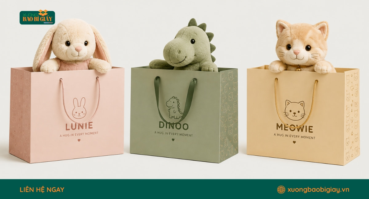 Mẫu túi giấy đựng gấu bông in logo dành cho shop quà tặng và cửa hàng đồ chơi