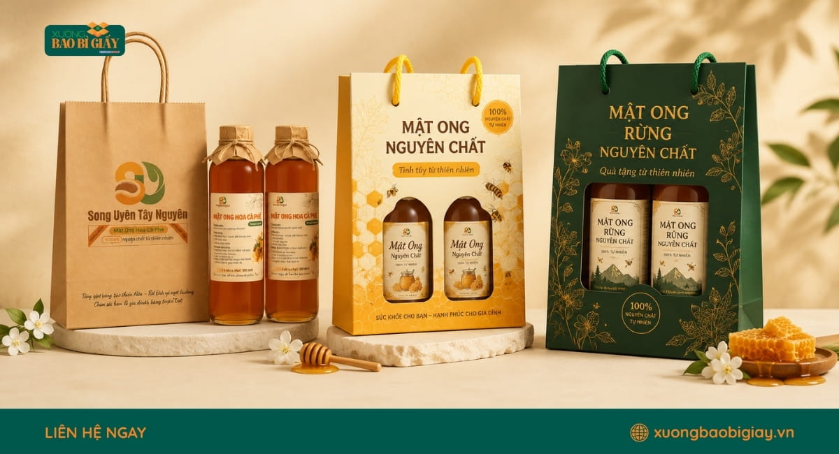 Túi giấy đựng mật ong rừng cao cấp phù hợp đóng gói quà tặng và sản phẩm đặc sản.