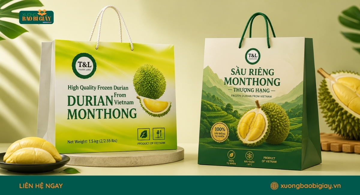 Túi giấy đựng sầu riêng in logo thương hiệu giúp nâng cao giá trị sản phẩm và nhận diện doanh nghiệp.