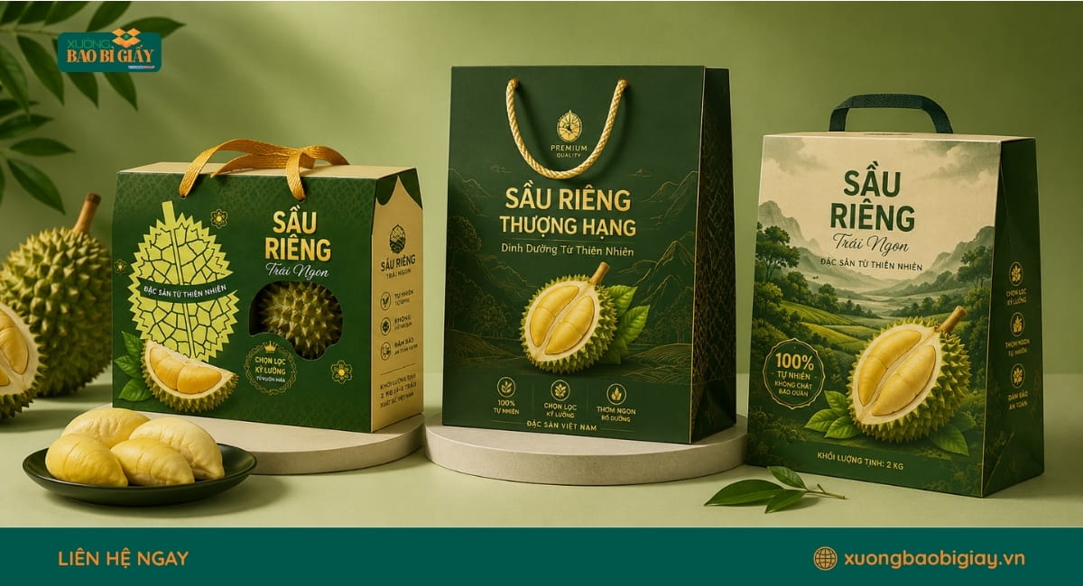 Túi giấy đựng sầu riêng thiết kế sang trọng, phù hợp đóng gói quà biếu và sản phẩm cao cấp.