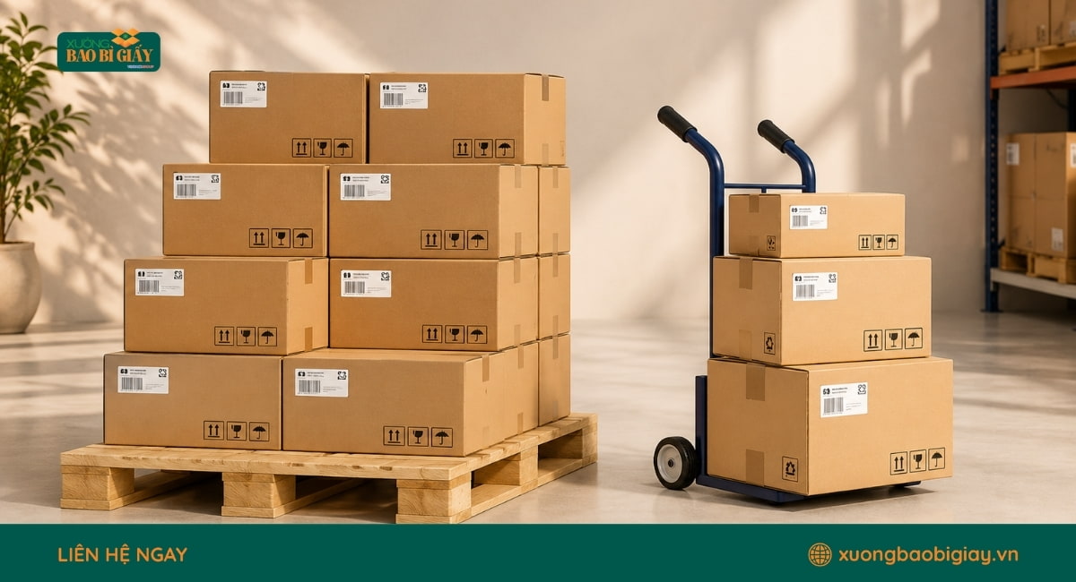 Ứng dụng thùng carton 5 lớp trong đóng gói hàng nặng, hàng dễ vỡ, thiết bị điện tử, nội thất và vận chuyển thương mại.