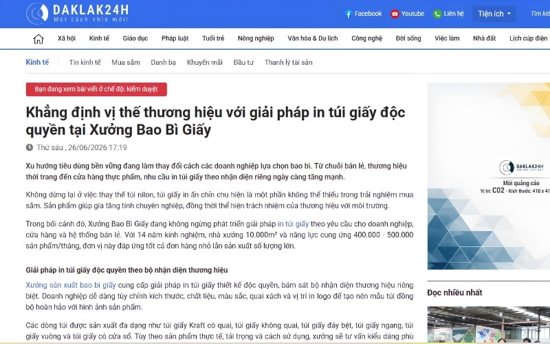 Báo Daklak nói về Xưởng Bao Bì Giấy