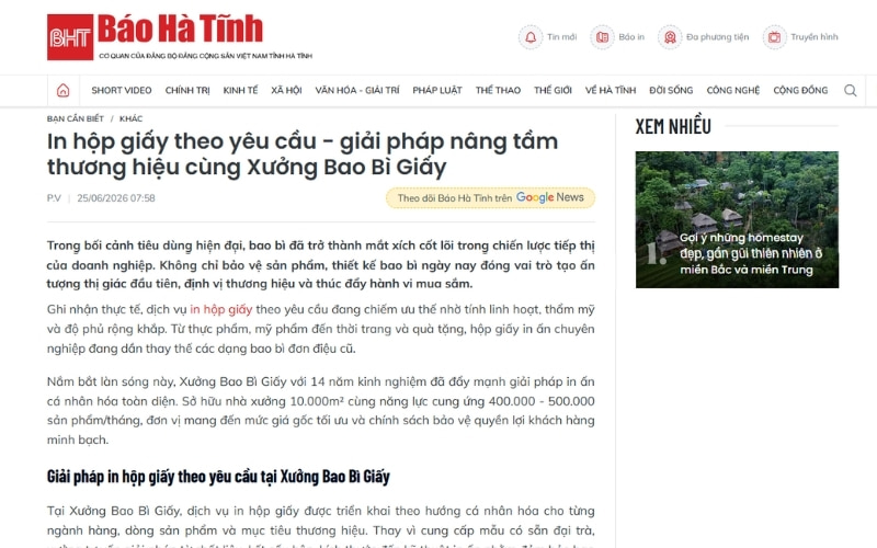 Xưởng Bao Bì Giấy được báo Hà Tĩnh nhắc đến