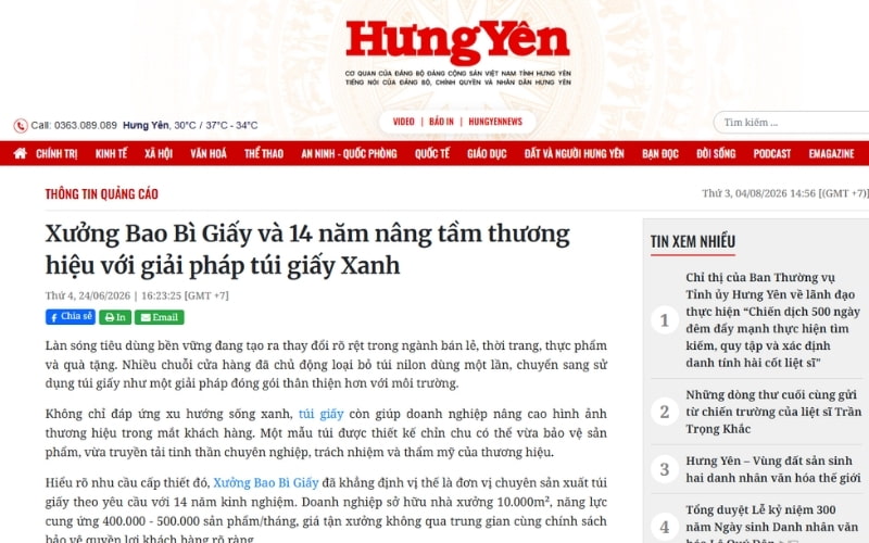 Báo Hưng Yên nói về sản phẩm túi giấy của Xưởng Bao Bì Giấy