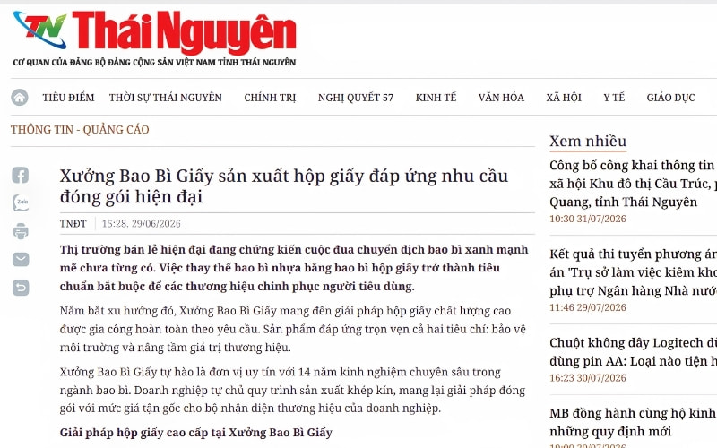 Báo Thái Nguyên nói gì về Xưởng Bao Bì Giấy