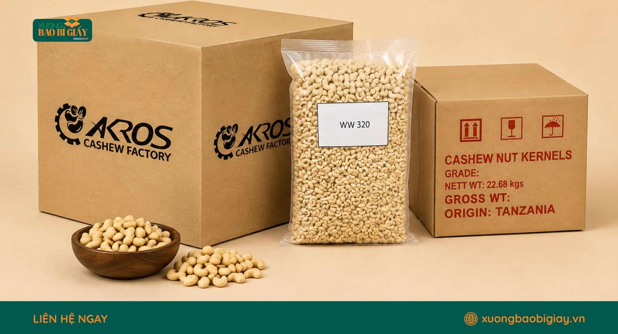 Các thông tin cần thiết in ấn trên thùng carton đựng hạt điều.