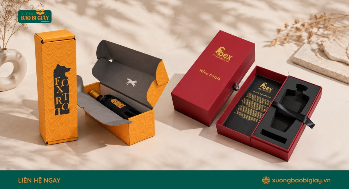 Hộp giấy đựng rượu vang in logo thương hiệu, giúp tăng nhận diện và tạo dấu ấn chuyên nghiệp