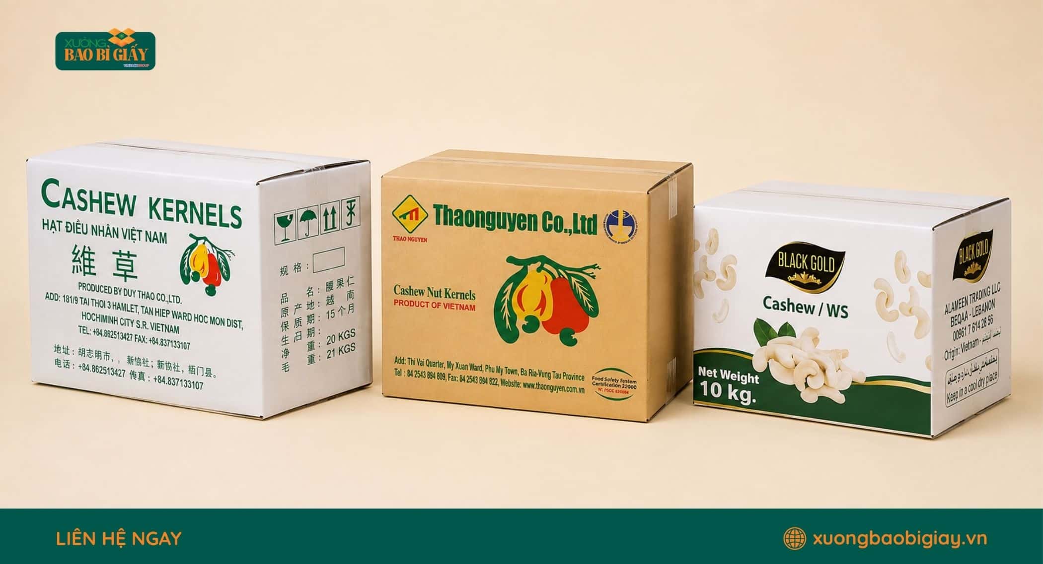 Kích thước thùng carton đựng hạt điều tiêu chuẩn thị trường.