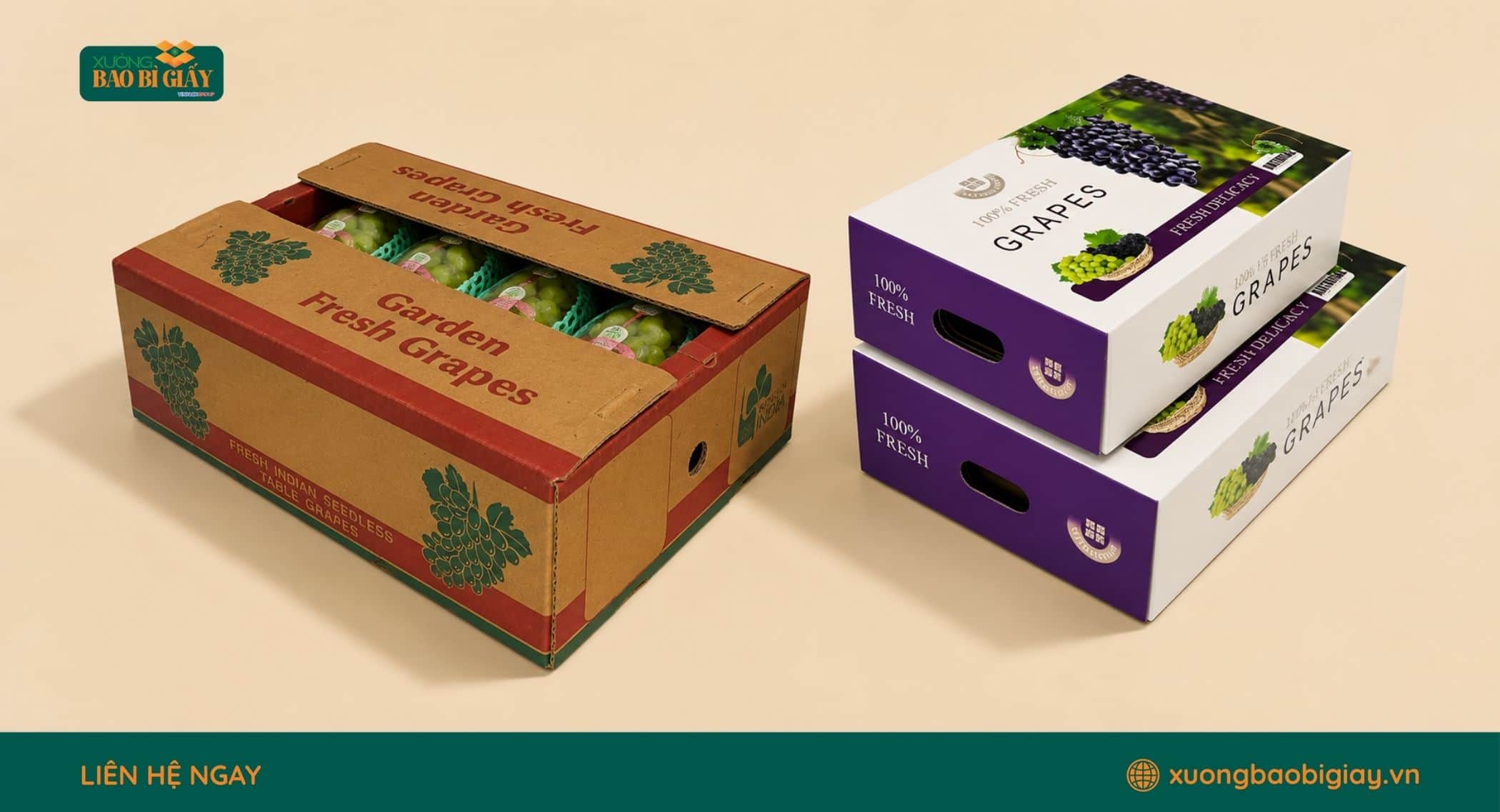 Thùng carton đóng gói nho tươi giúp bảo vệ trái trong quá trình lưu kho và vận chuyển