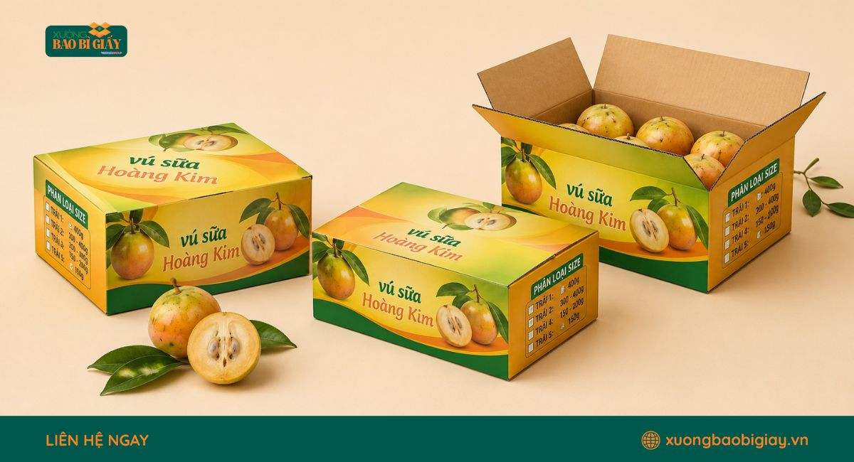 Thùng giấy đóng gói vú sữa in logo giúp tăng nhận diện thương hiệu nông sản