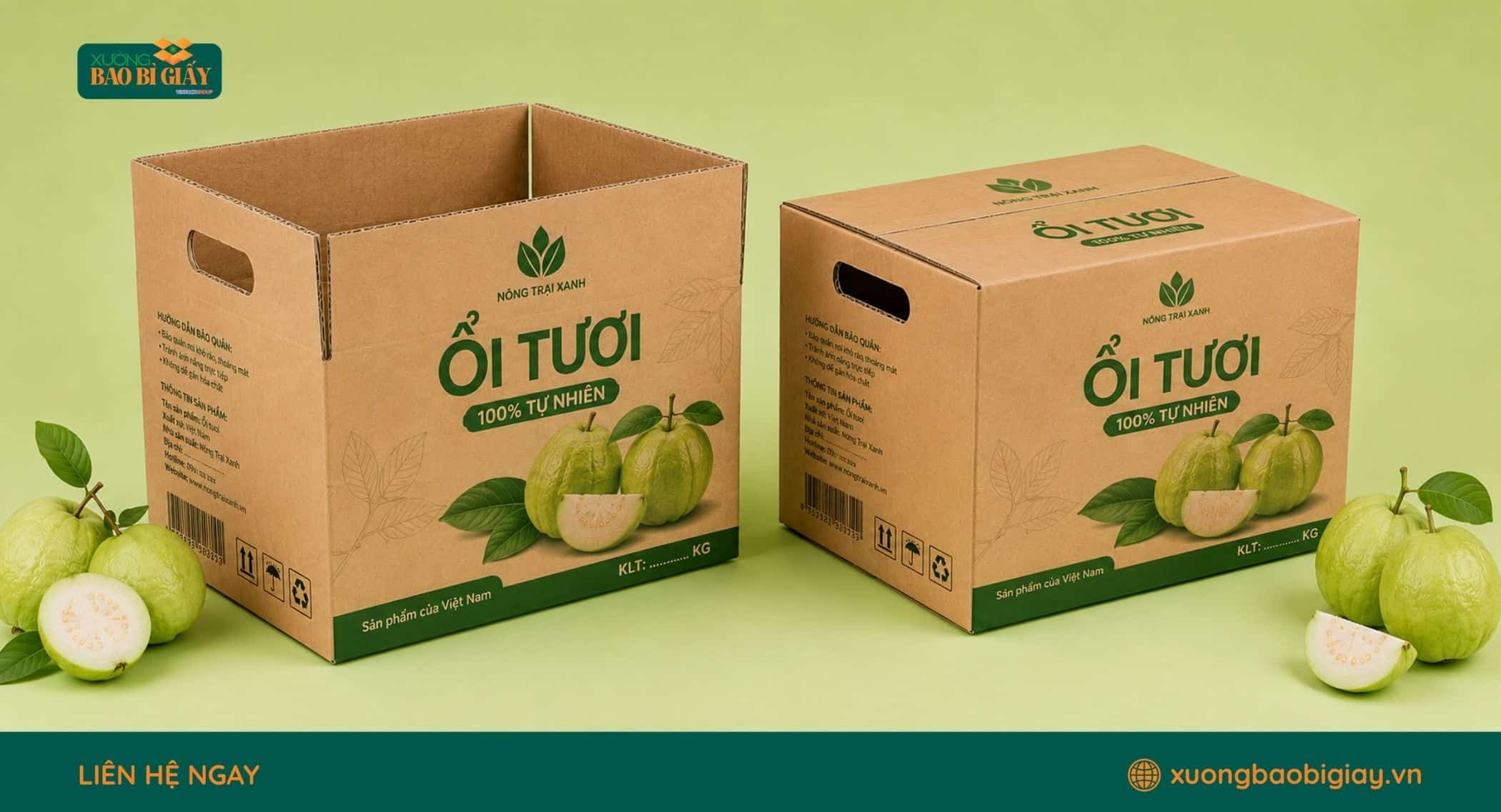 Thùng giấy carton đựng ổi in logo giúp tăng nhận diện thương hiệu nông sản