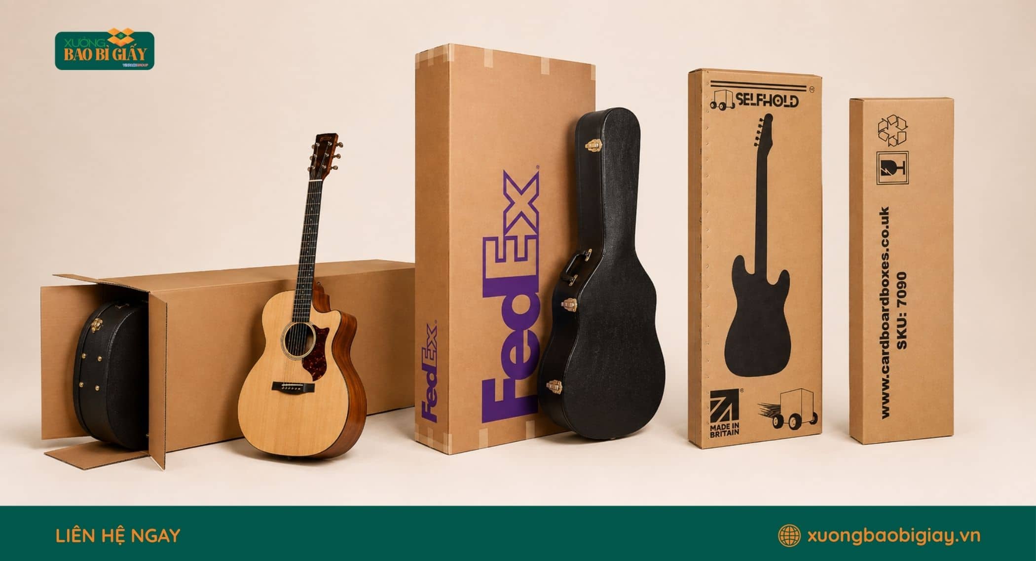 Thùng carton đựng đàn guitar chuyên dụng giúp hạn chế nguy cơ gãy cần, trầy xước nước sơn khi giao hàng toàn quốc.