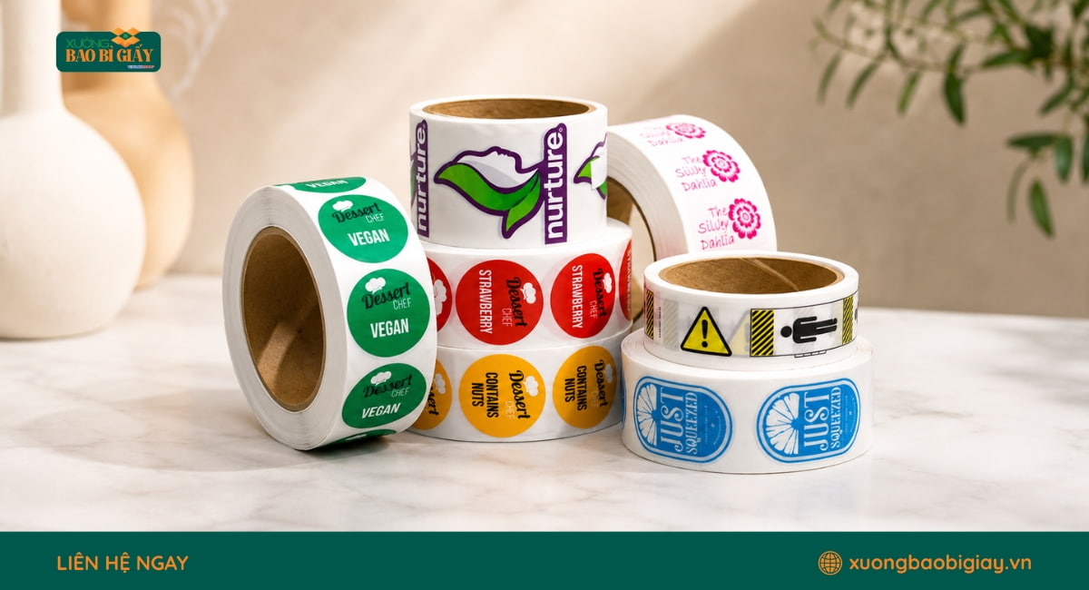 Các kiểu dáng tem nhãn decal thông dụng gồm hình tròn, vuông, chữ nhật, oval và cắt theo yêu cầu.